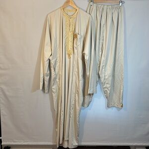 African Mens Long 2 Piece Suit Kaftan Shirt Pants Trousers Embroidered Gray Grey